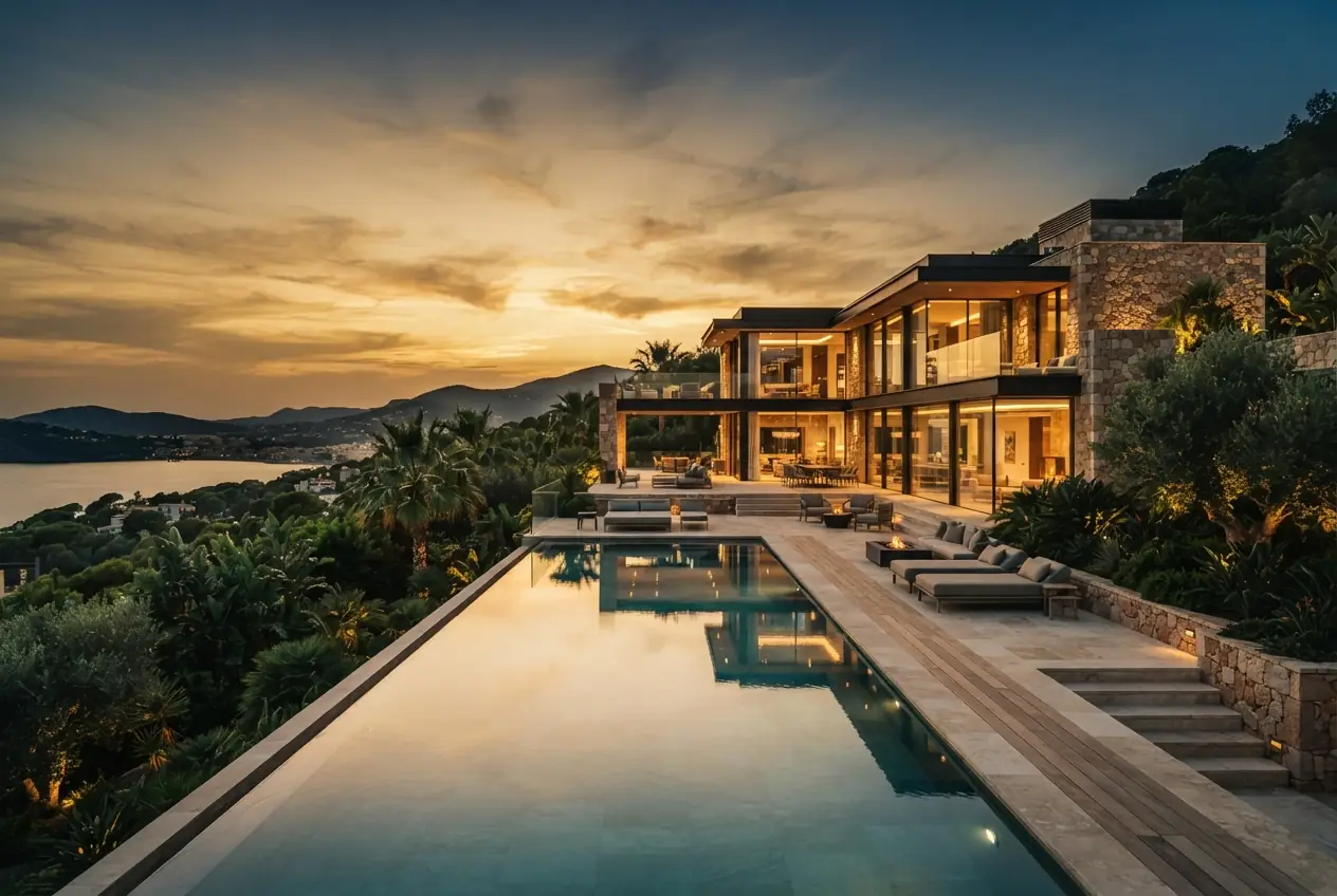 A Velora Estates villa at dusk