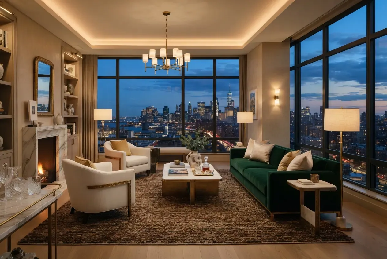 A living room with an expansive view